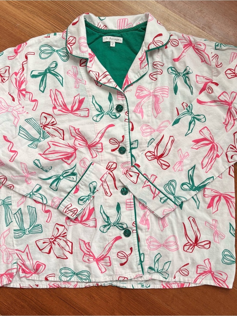 PJ Salvage - Pink & Green Bow-Print Long Sleeve Pajama Top XL - Picture 2 of 5